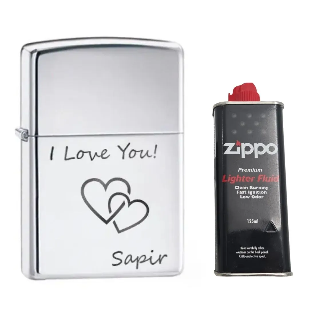 מארז מצית זיפו עם חריטה בעיצוב אישי + מיכל מילוי Zippo
